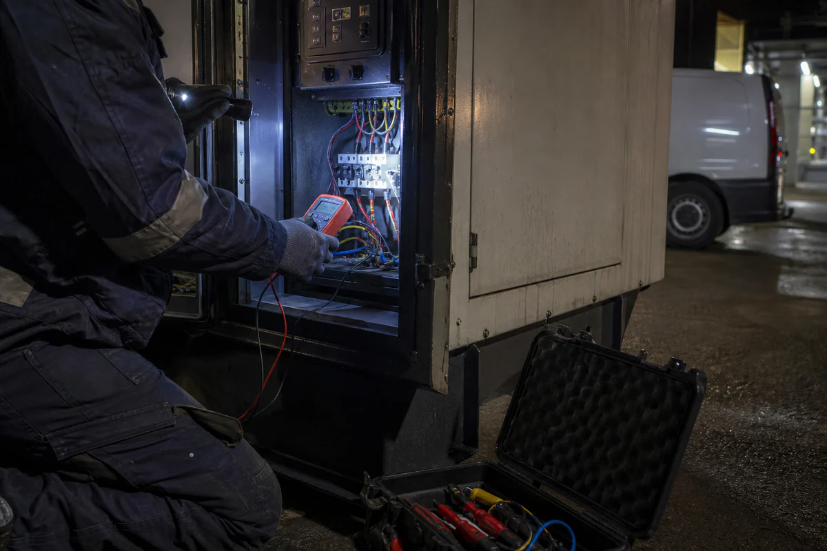 Technicien de service intervenant sur le tableau de commande du générateur la nuit