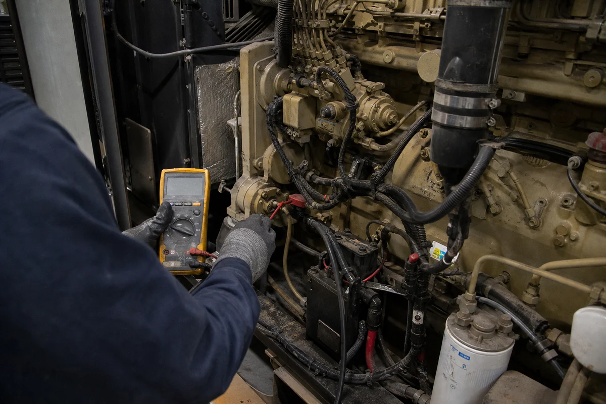 Technicien de maintenance effectuant des mesures sur le générateur